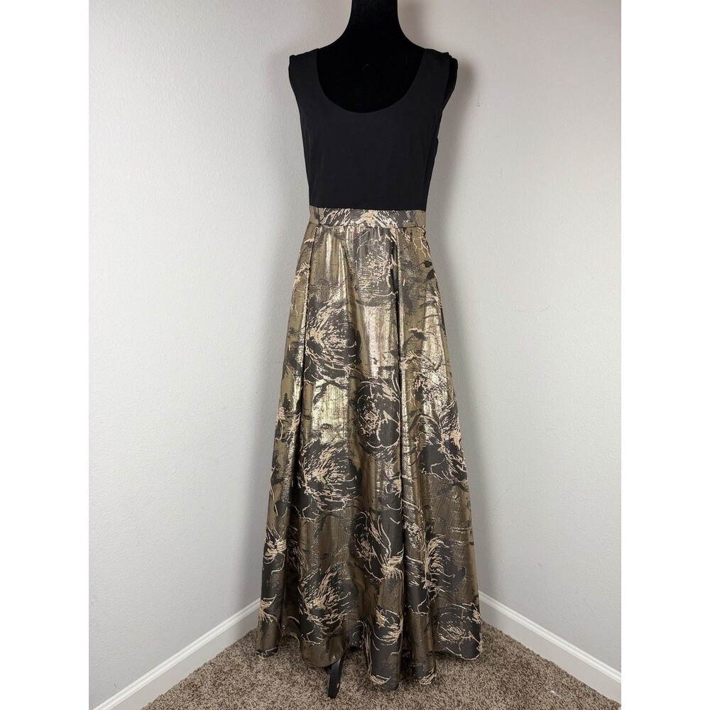 Aidan Mattox Adrianna Papell Dress Size 6 Black Gold Metallic Jacquard Gown